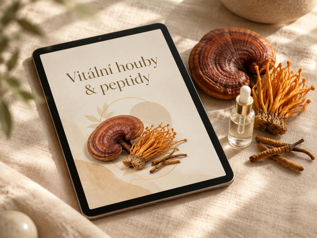 E-book Vitální houby & peptidy na tabletu vedle hub Reishi a Cordyceps